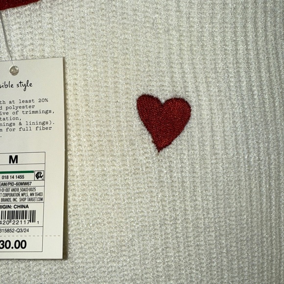 A New Day Romantic Long Sleeve Crewneck Sweater Red Heart Sizes XS, S. M Cream - Picture 4 of 8